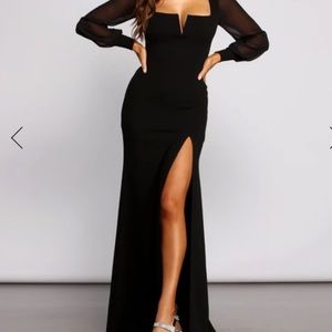 Black velvet long dress with long sleeve slit